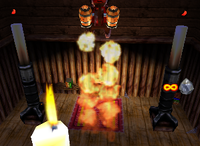 A set of red Banana Bunches and a setup for a Golden Banana for Diddy Kong in Crystal Caves.