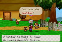 Mario recieveing a Letter from Goompapa in Goomba Village of Paper Mario.