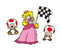 Princess Peach waving a checkered flag, with some Toads.