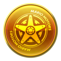 A gold badge depicting a Mario Kart 8 Slim tire
