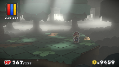 Mario near a Coin in Mossrock Theater of Paper Mario: Color Splash.