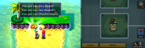 Luigi getting 2 Chuckle Beans, 2 Hoo Beans and 2 Woo Beans from the purple Oho Jee in Oho Ocean part of Oho Oasis of Mario & Luigi: Superstar Saga + Bowser's Minions.