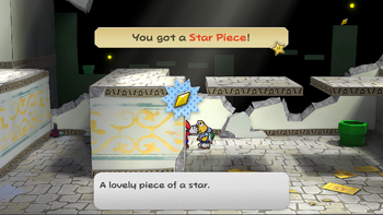 Mario getting the Star Piece in the west entrance of Rogueport Underground in the remake of the Paper Mario: The Thousand-Year Door for the Nintendo Switch.