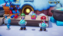 Mario, Luigi, and Snoutlet sampling Potato Gelato in Mario & Luigi: Brothership.