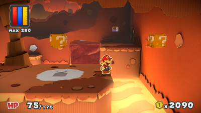 Mario in front of the unrevealed platform in Redpepper Crater of Paper Mario: Color Splash.
