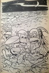 Illustration showing Wrinkly, Cranky, Dixie and Diddy Kong all reading a ransom note left by Kaptain K Rool.