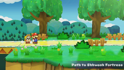 Mario and Goombella entering the Path to Shhwonk Fortress.