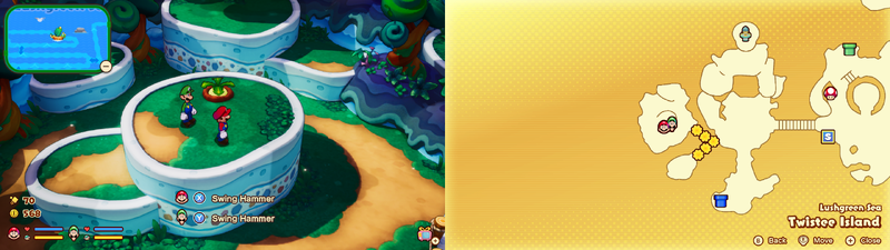 Mario and Luigi near a Grampy Turnip on Twistee Island from Mario & Luigi: Brothership.