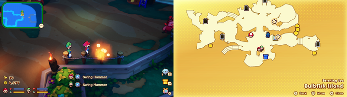 Mario and Luigi near a Sprite Bulb Nest on Bulbfish Island of Mario & Luigi: Brothership.