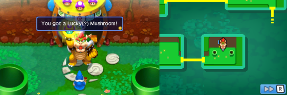 Bowser getting the Lucky (?) Mushroom (later known as Vacuum Shroom) in Dimble Wood of Mario & Luigi: Bowser's Inside Story + Bowser Jr.'s Journey.