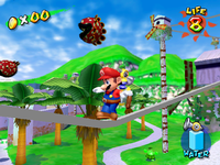 Two Petey Piranha heads fly down Bianco Hills as Mario balances on a tightrope in an early Super Mario Sunshine.