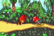 Donkey Kong encountering the first Gnawty of Jungle Hijinxs in the Game Boy Advance version