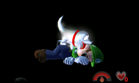 Polterpup licking Luigi to wake him up in Luigi's Mansion for Nintendo 3DS