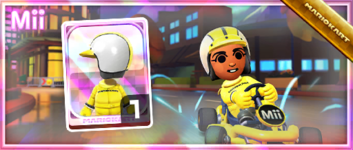 The Yellow Mii Racing Suit from the Mii Racing Suit Shop in the 2022 Autumn Tour in Mario Kart Tour