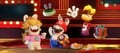 Rayman, Rabbid Peach and Rabbid Mario waving goodbye towards the camera before the credits in the Rayman in the Phantom Show DLC, breaking the Fourth wall