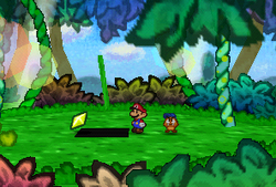 Mario finding a Star Piece under the panel at the grassland near Goomba Village in Paper Mario