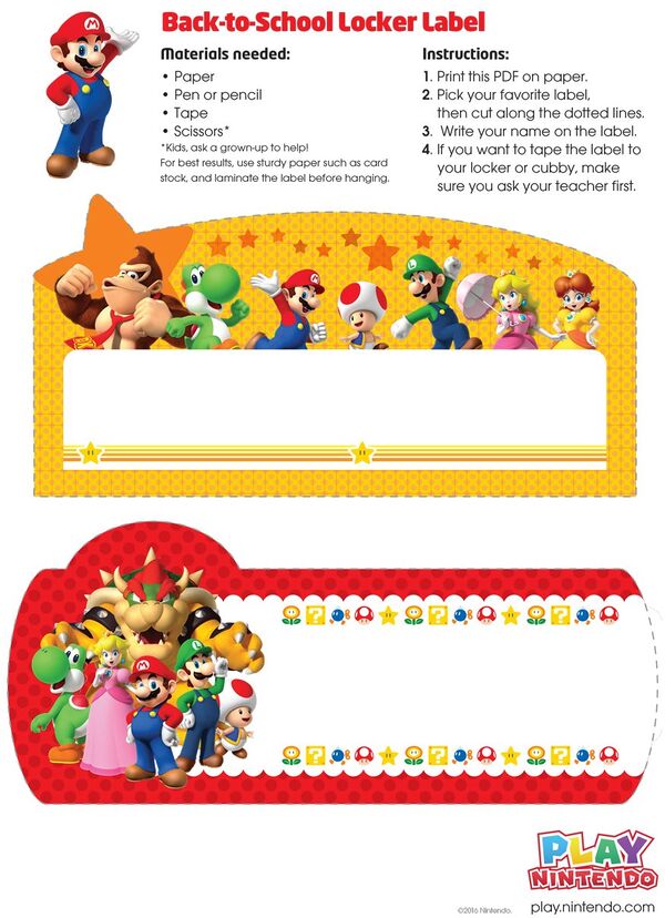 Printable sheet for Mario-themed locker labels