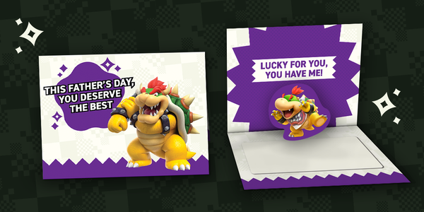 Promotional image for a Father's Day pop-up card featuring Bowser and Bowser Jr. in their appearance from Super Mario Bros. Wonder