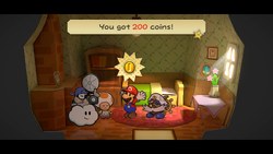 Mario getting 200 Coins from the innkeeper in Petalburg of Paper Mario: The Thousand-Year Door for Nintendo Switch.