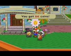 Mario getting 64 Coins from Goldbob in Poshley Heights of Paper Mario: The Thousand-Year Door.