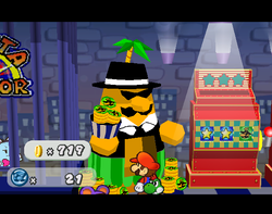 Mario getting the Pianta Tokens from Pianta Changer in Pianta Parlor in Rogueport of Paper Mario: The Thousand-Year Door.