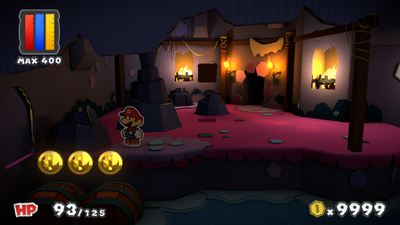 Mario near 3 Coins in Fortune Island of Paper Mario: Color Splash.