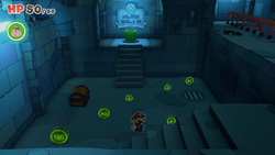 Mario standing near a group of coins in Graffiti Underground of The Origami King.