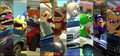 Several characters driving different-colored karts from the DLC pack