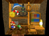 Mario next to the Shine Sprite in Bobbery's house