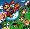 Artwork of Mario, Peach, and Toad riding a Cloud while getting chased by Bowser’s army