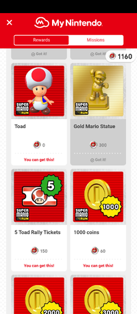 Screenshot of the My Nintendo browser in Super Mario Run, set to rewards.