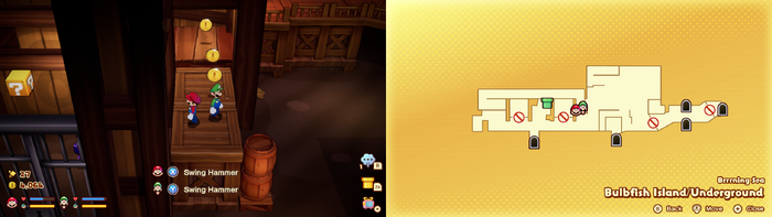 Mario and Luigi near 18 Coins on Bulbfish Island of Mario & Luigi: Brothership.