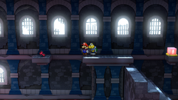 Mario near the red Castle Key in Hooktail Castle of Paper Mario: The Thousand-Year Door for Nintendo Switch.