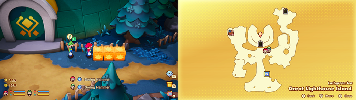 Mario and Luigi near wooen crates containing a Coin on Great Lighthouse Island of the Lushgreen Sea of Mario & Luigi: Brothership.
