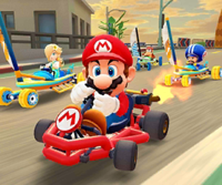 Thumbnail of the Waluigi Cup challenge from the 2022 Los Angeles Tour; a Big Reverse Race challenge set on Los Angeles Laps 2