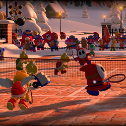 A crowd of passengers in Mario Tennis Aces