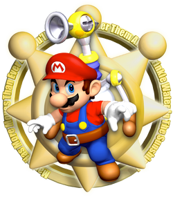 Artwork of Mario in front of a shine in Super Mario Sunshine.