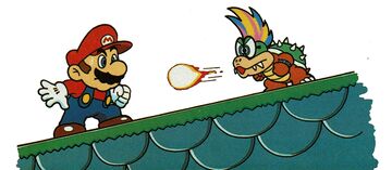 Artwork of Mario fighting Iggy Koopa for Super Mario World