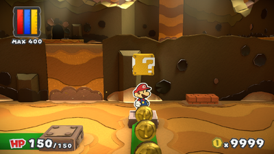 Mario near 3 Coins in Mustard Café of Paper Mario: Color Splash.