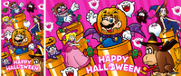 group artwork of Mario, Wario, Peach, Pauline, Donkey Kong, Spike, Boos, Ninji and Swoops in halloween forms with pipes in the background