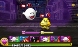 Screenshot of a Gold Goomba in World 8-Ghost House 2, from Puzzle & Dragons: Super Mario Bros. Edition.