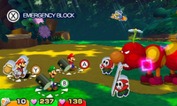 Mario, Luigi, and Paper Mario battling Wiggler and Paper Kamek.