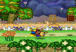 Image of Mario revealing a hidden ? Block in Flower Fields, in Paper Mario.
