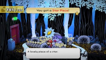 Mario getting the Star Piece in a clump of grass in the shortcut room in the Great Tree in the remake of the Paper Mario: The Thousand-Year Door for the Nintendo Switch.