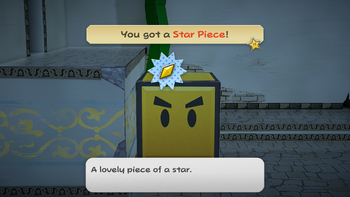 Mario getting the Star Piece near the pipe in the room to the right of the Thousand-Year Door in the remake of the Paper Mario: The Thousand-Year Door for the Nintendo Switch.