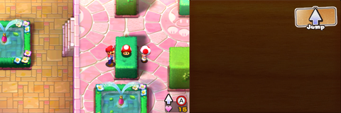 Mario near a Mushroom in Peach's Castle of Mario & Luigi: Superstar Saga + Bowser's Minions.