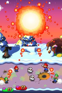 Mario, Baby Mario, Baby Luigi, and Luigi use a Mix Flower on two Hollijolli Village-roaming Boo Guys in the pre-release version of Mario & Luigi: Partners in Time.