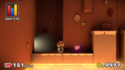 Mario near a Heart in Redpepper Volcano of Paper Mario: Color Splash.