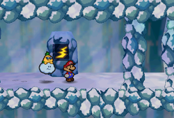 Mario finding Thunder Rage on Shiver Mountain of Paper Mario.