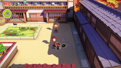 Mario standing near 2 lamp posts containing a Coin each in Shogun Studios of The Origami King.